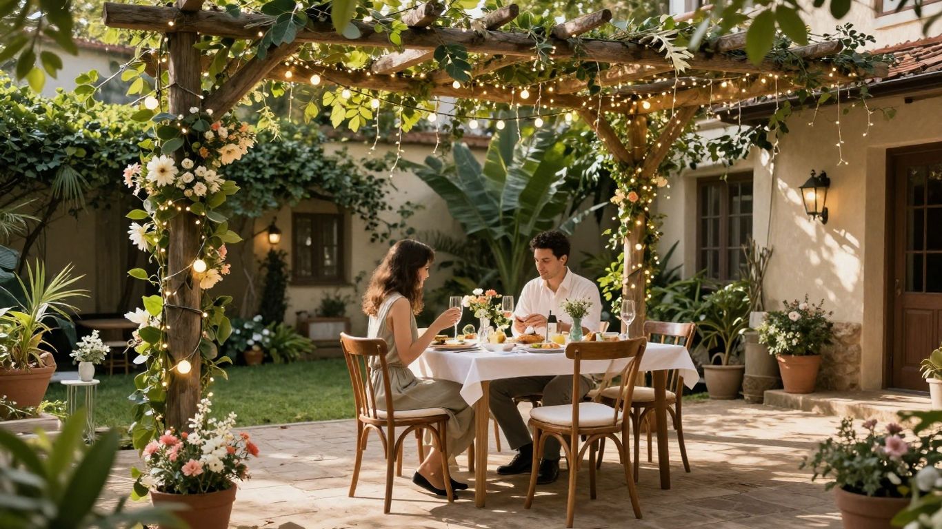 Intimate wedding venue courtyard with fairy lights and floral decor.