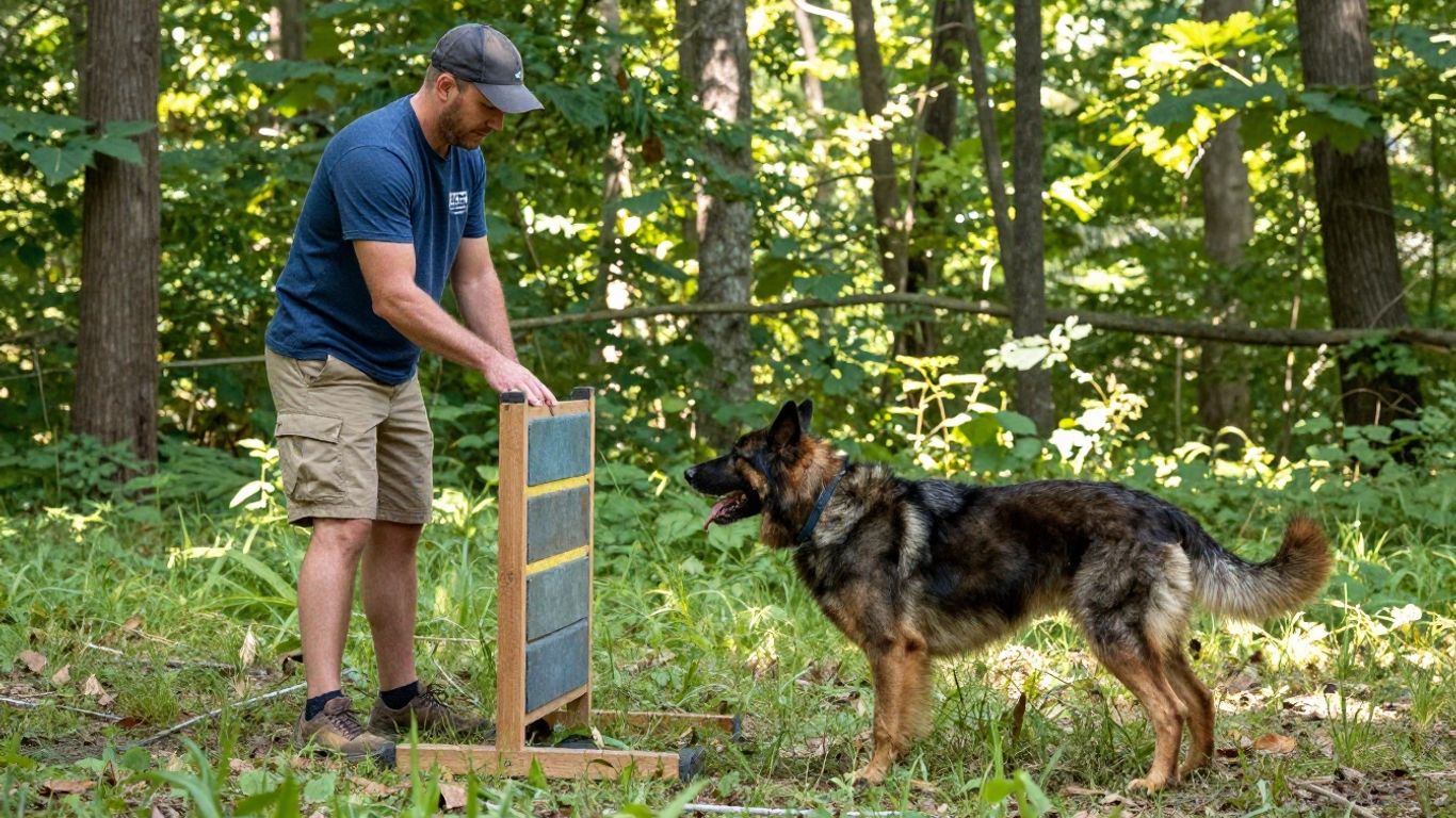 Dog and handler training outdoors in a natural setting.