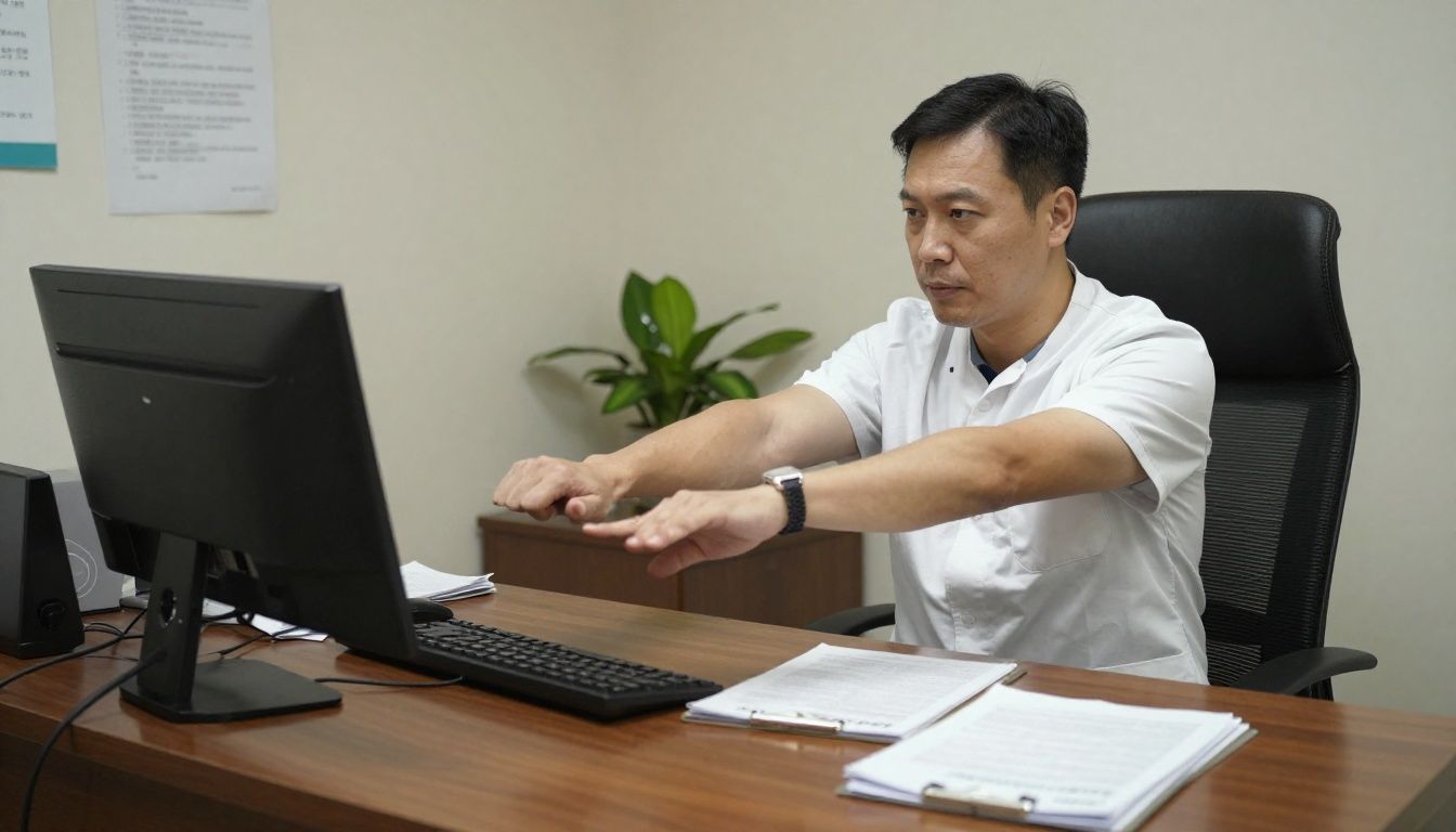 A psychiatrist taking a moment to stretch and breathe between busy patient calls at their desk