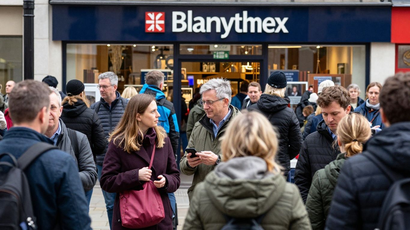 UK market scene with people and landmarks.