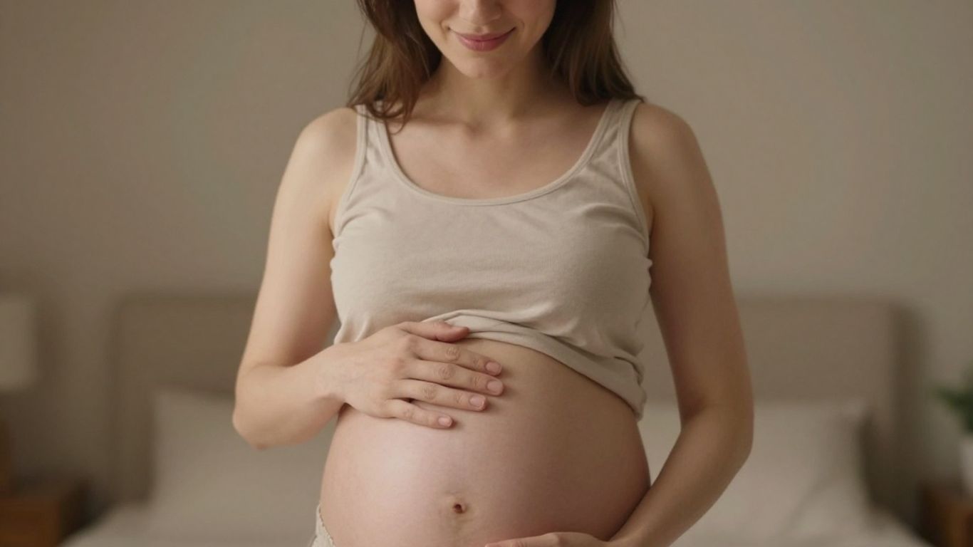 Mulher grávida tocando a barriga sorrindo suavemente.