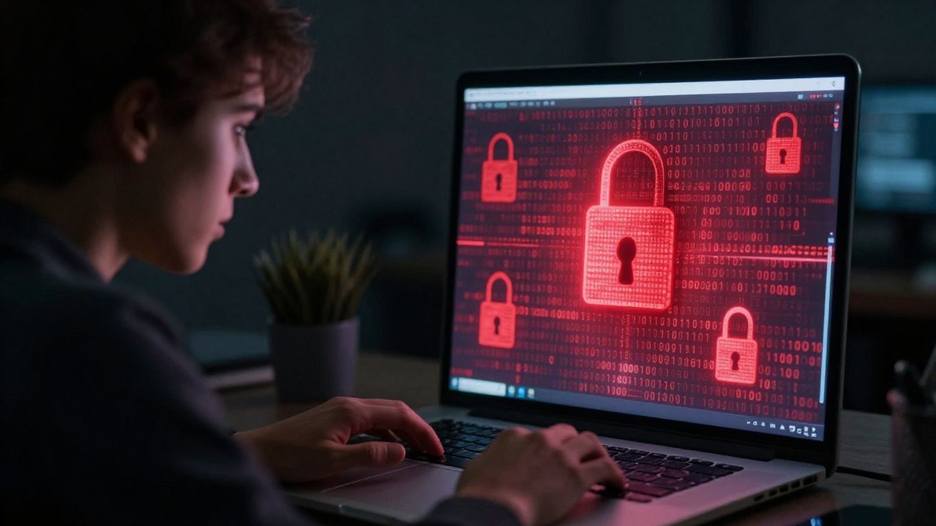 Person at laptop with digital padlocks and red glow