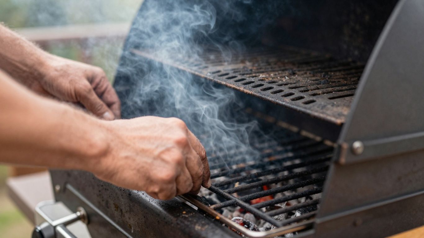 Grill lid vents being adjusted for heat control.
