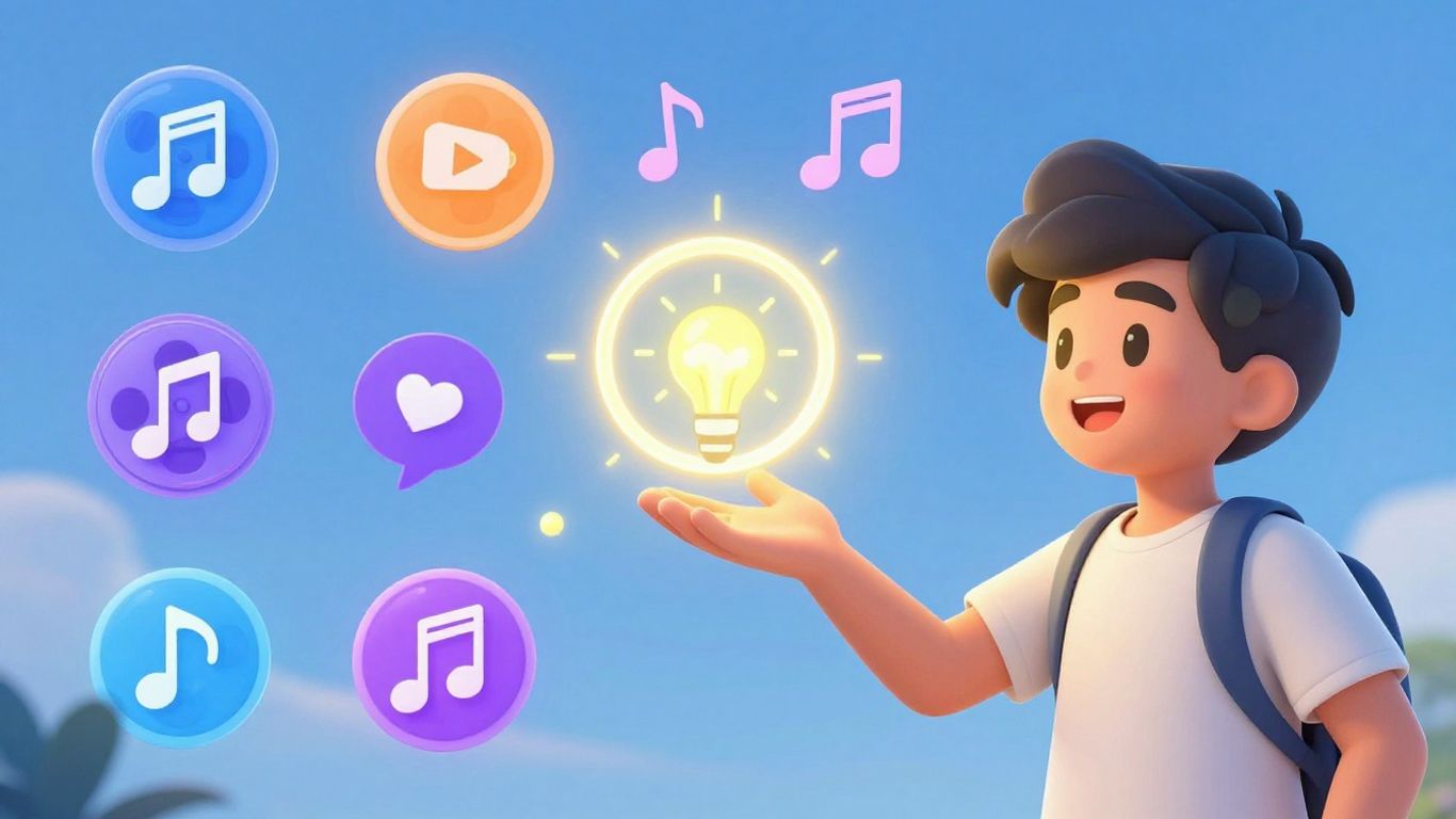 Character offering help with entertainment icons.