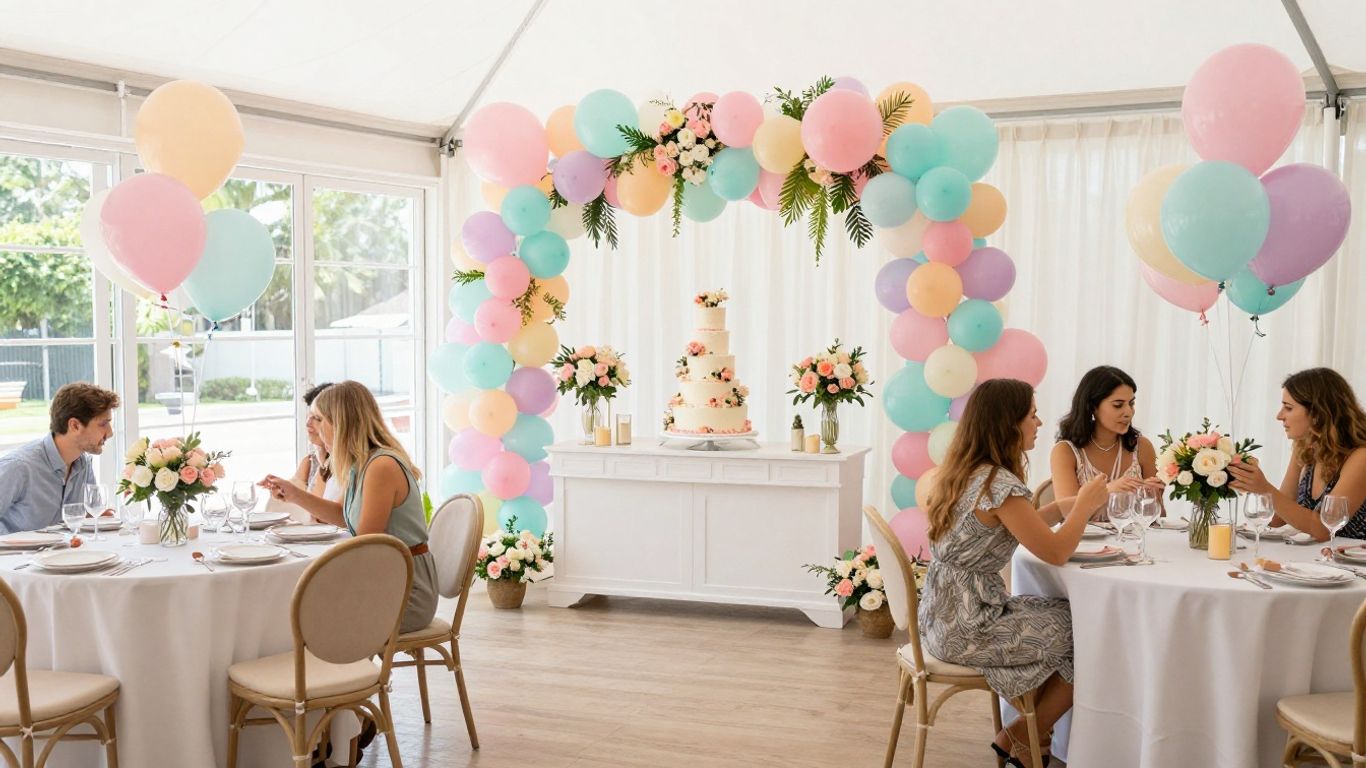Elegant Dallas baby shower venue with balloons, flowers, and cake.