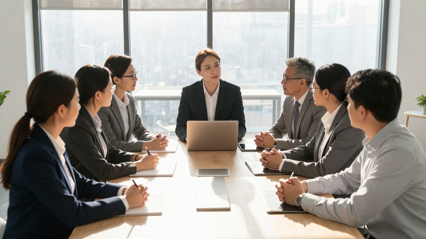 Business professionals collaborating in a modern office setting.