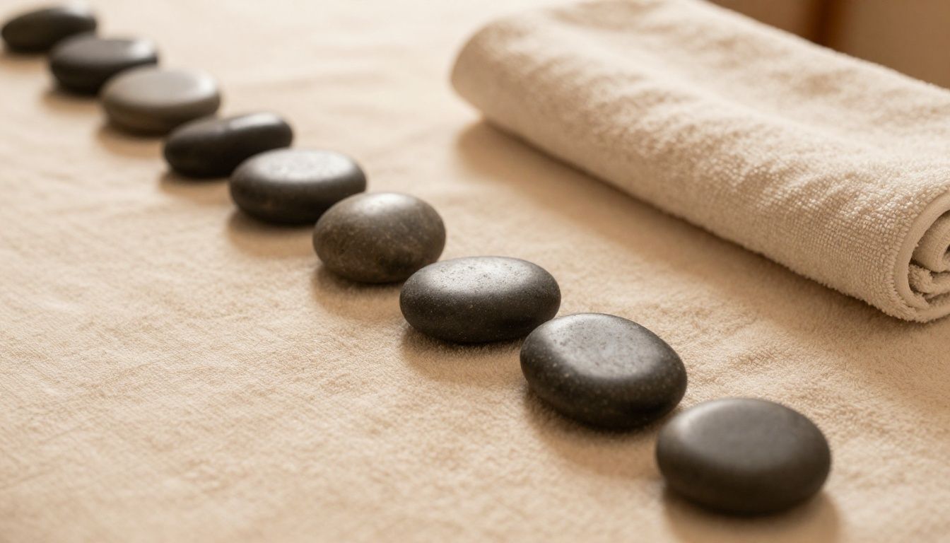 A serene setting showing smooth, heated basalt stones placed neatly along a spa massage table with a soft towel, captured in warm, natural lighting