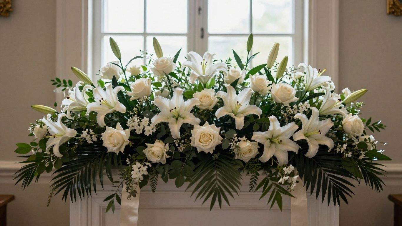 Soft white funeral flowers arranged with greenery