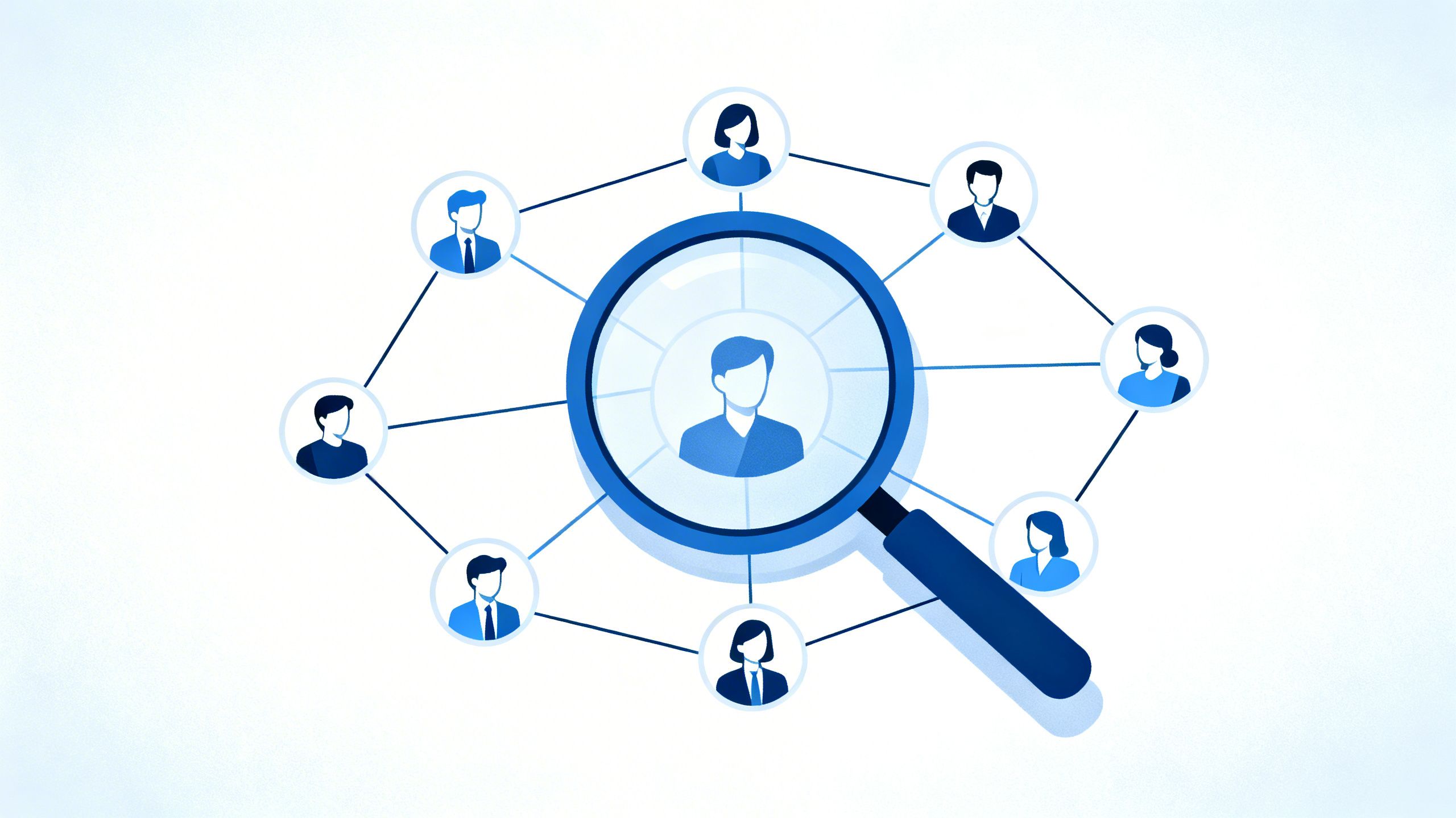 A conceptual image of a magnifying glass over a network of people, symbolizing customer relationship management