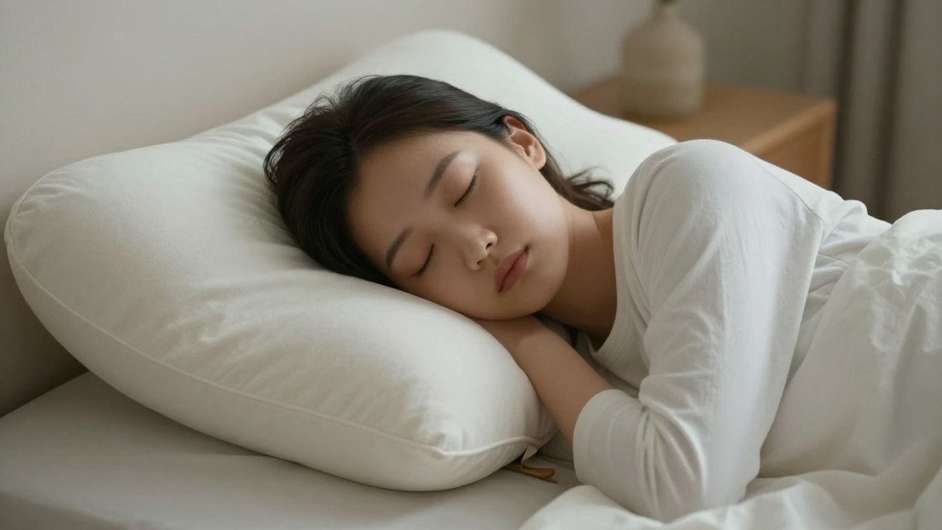 Cervical neck pillow supporting a sleeping person's head.