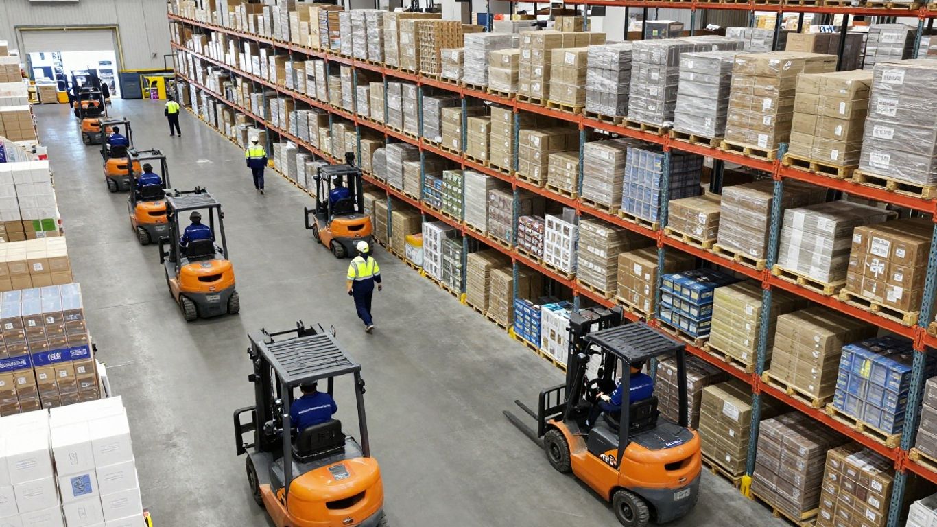 Distribution center operations with teams and forklifts.
