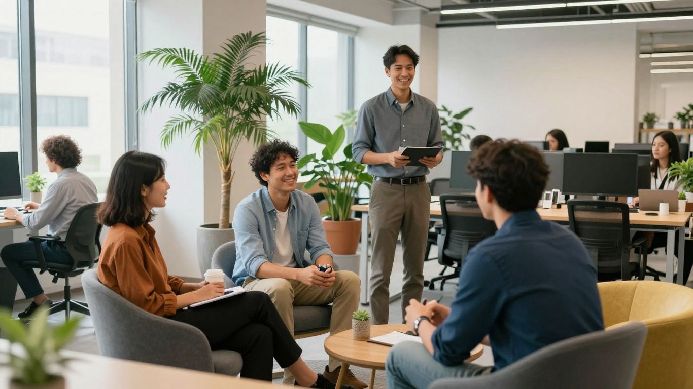 Profissionais em escritório moderno demonstrando bem-estar e colaboração