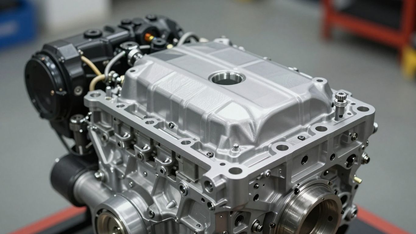 Subaru engine close-up, workshop lighting, mechanical detail.