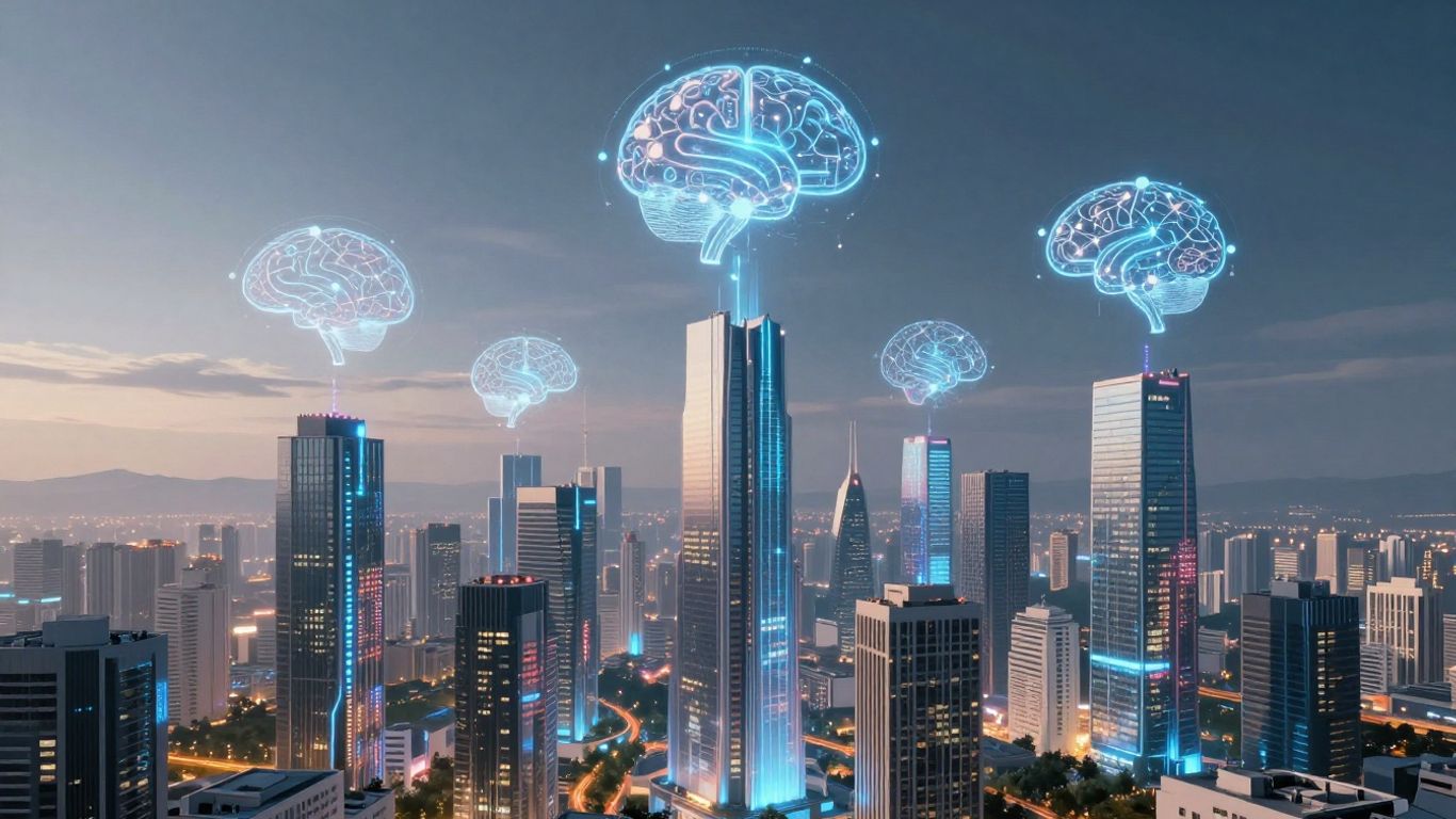 AI and data streams in a futuristic city.