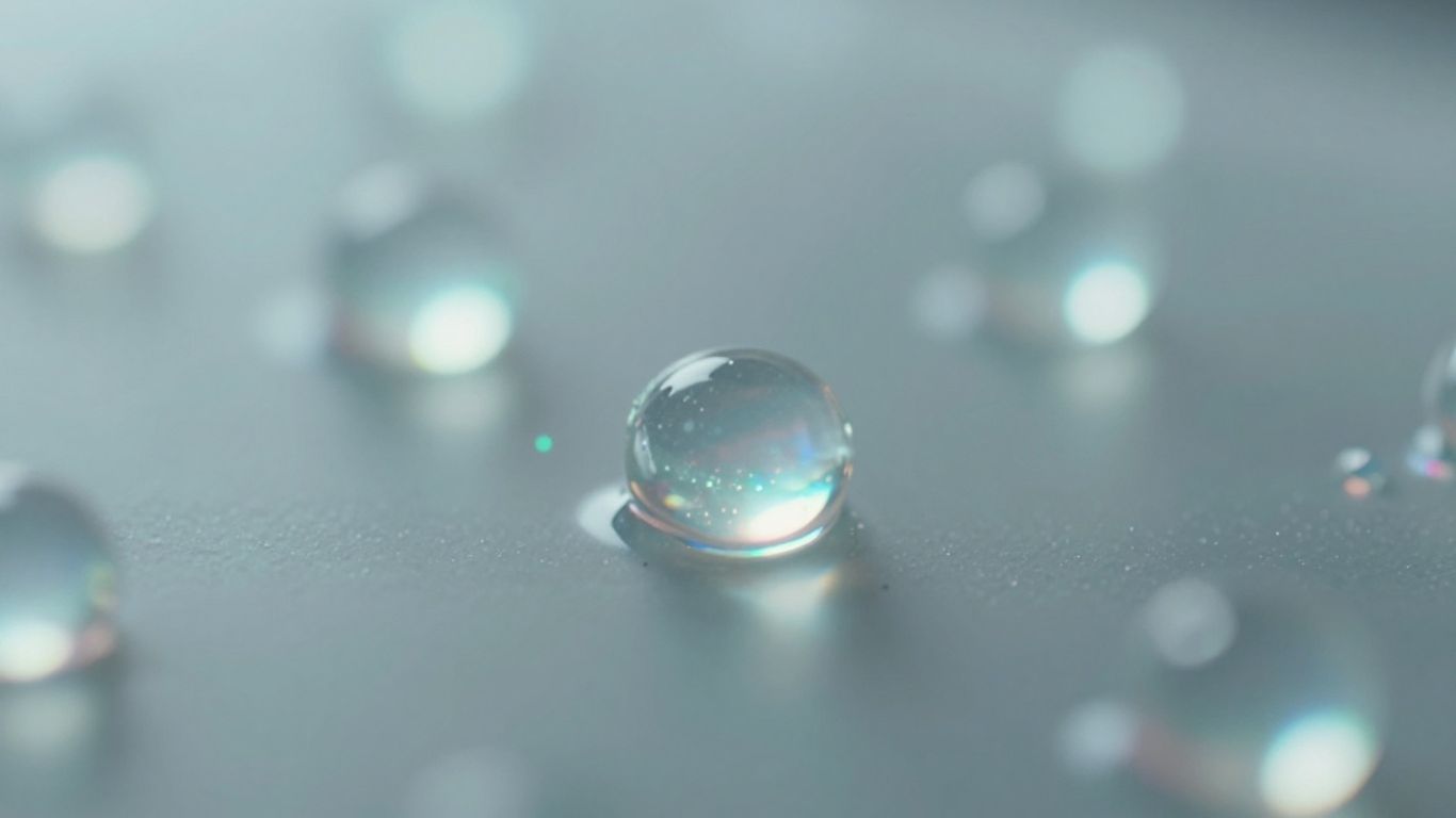 Shimmering liquid droplets in a laboratory setting.