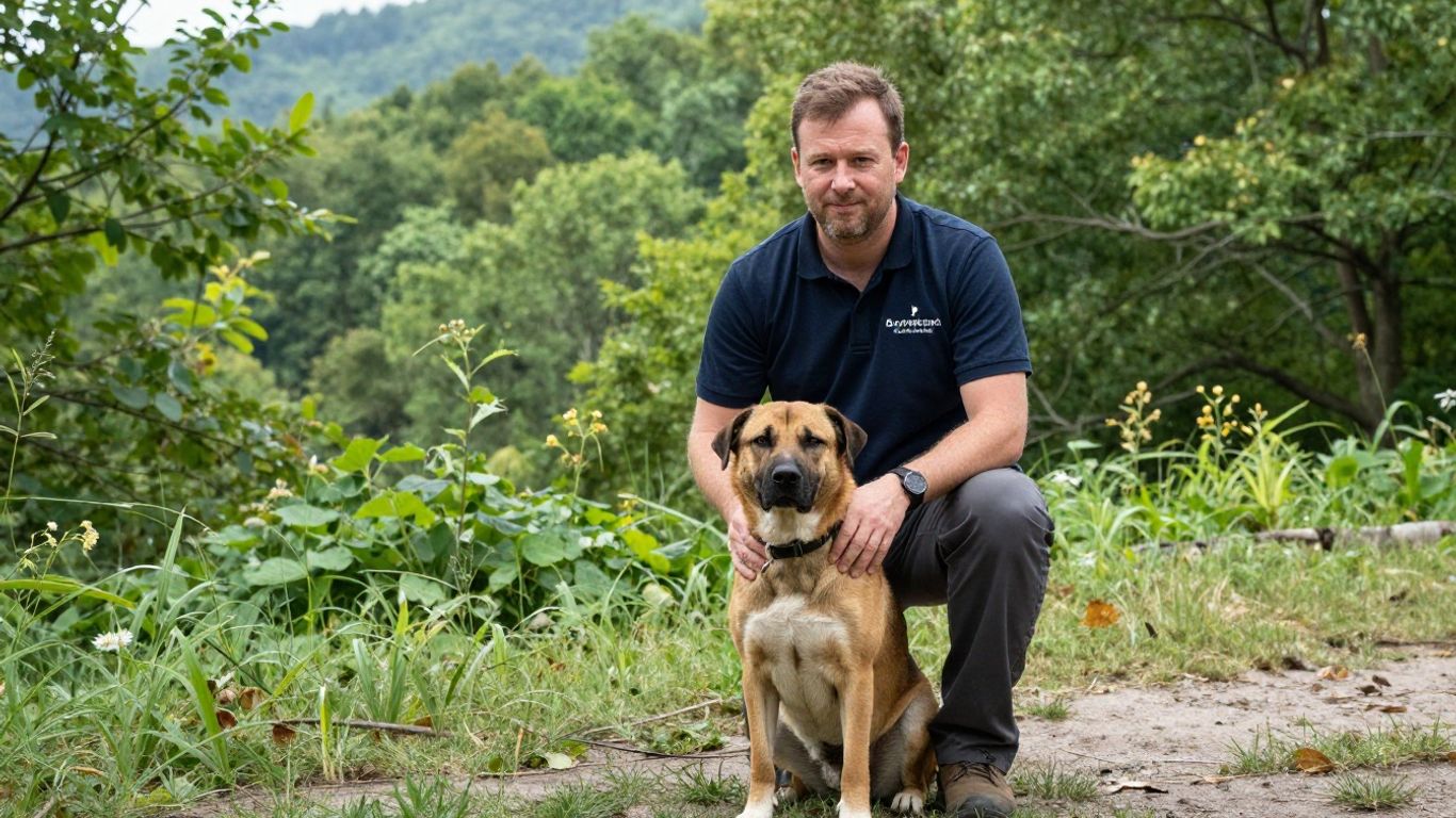 Handler training adult rescue dog outdoors in Tennessee.