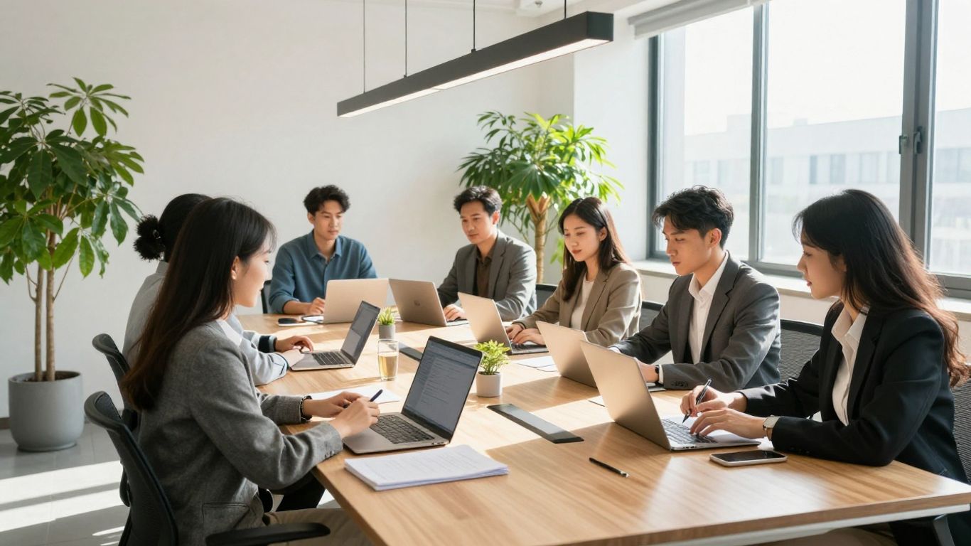 Team collaborating in a bright, modern office.