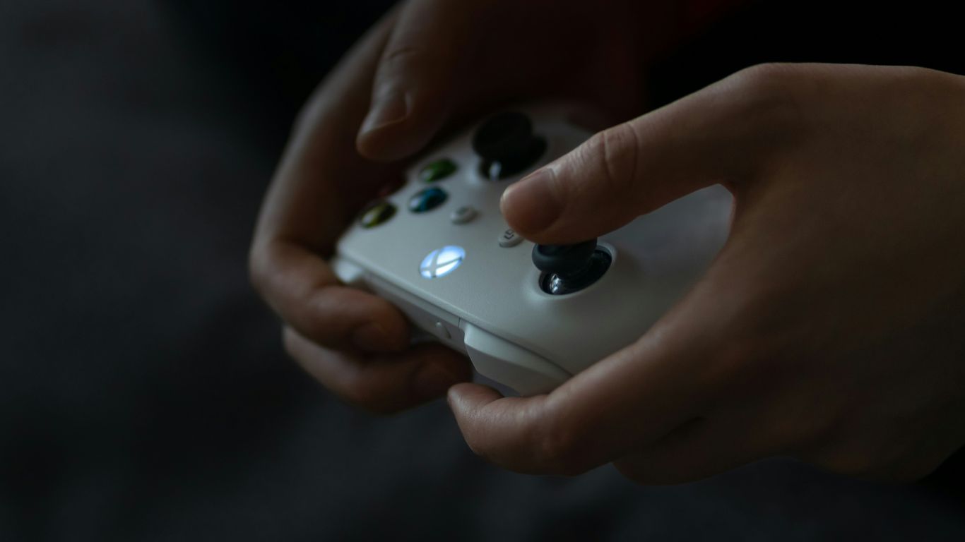 a person holding a video game controller in their hands