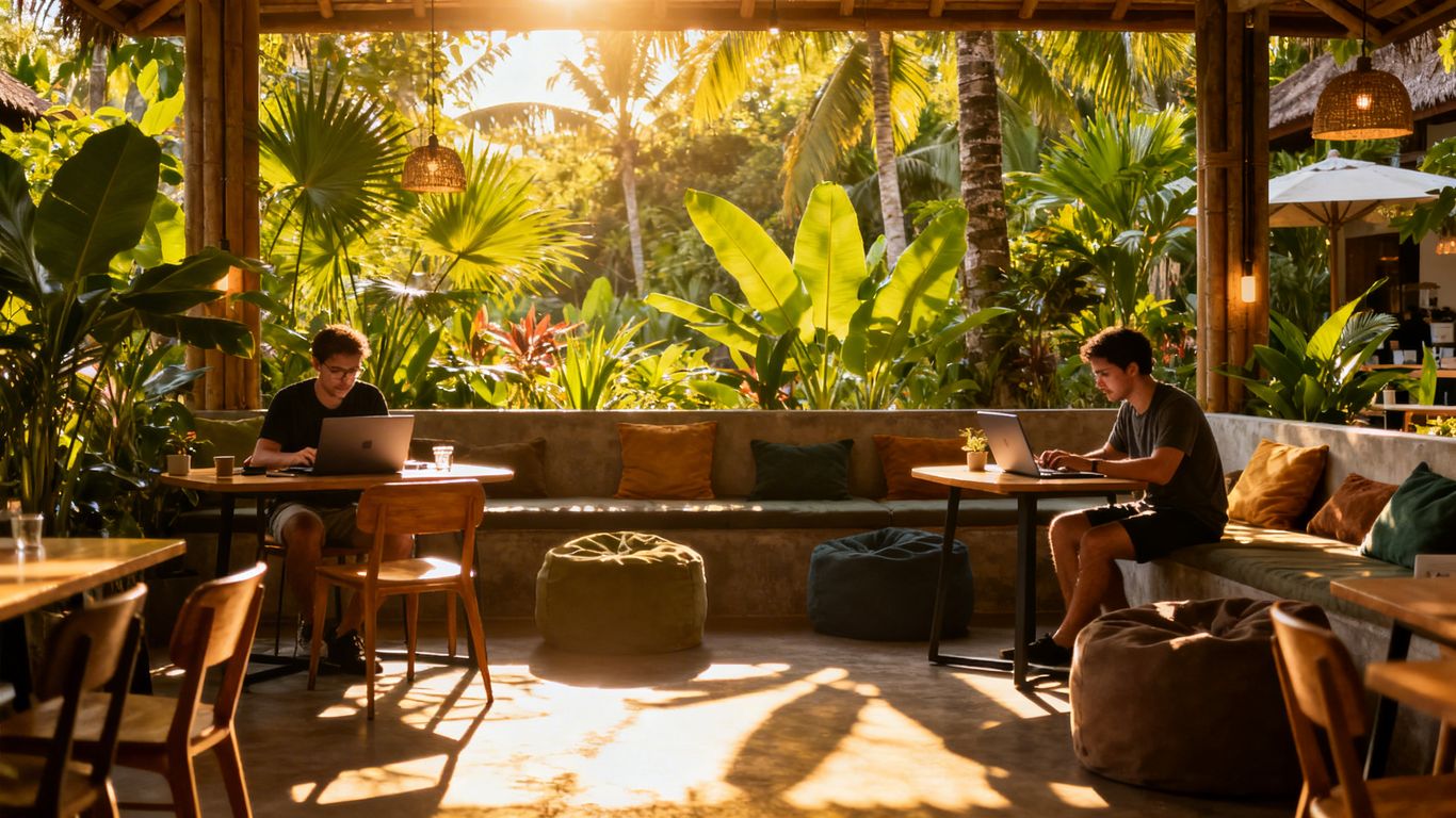 Bali coworking space with plants and people working on laptops.