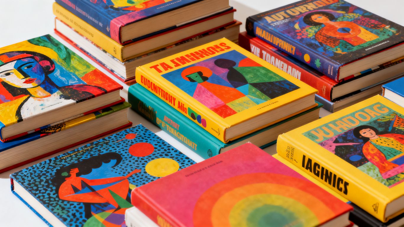 Books with colorful, eye-catching covers stacked together.