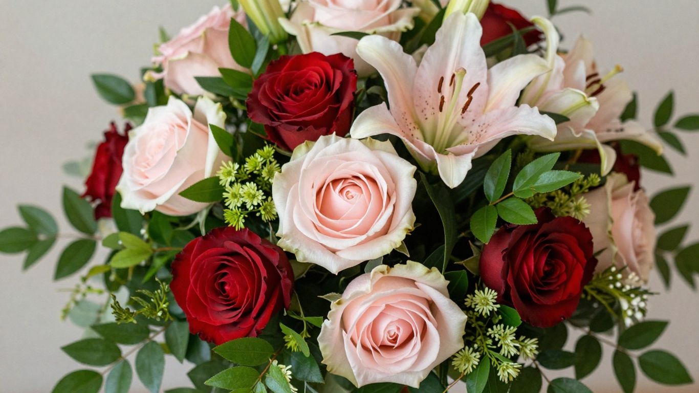 Wedding flower bouquet with roses and lilies.