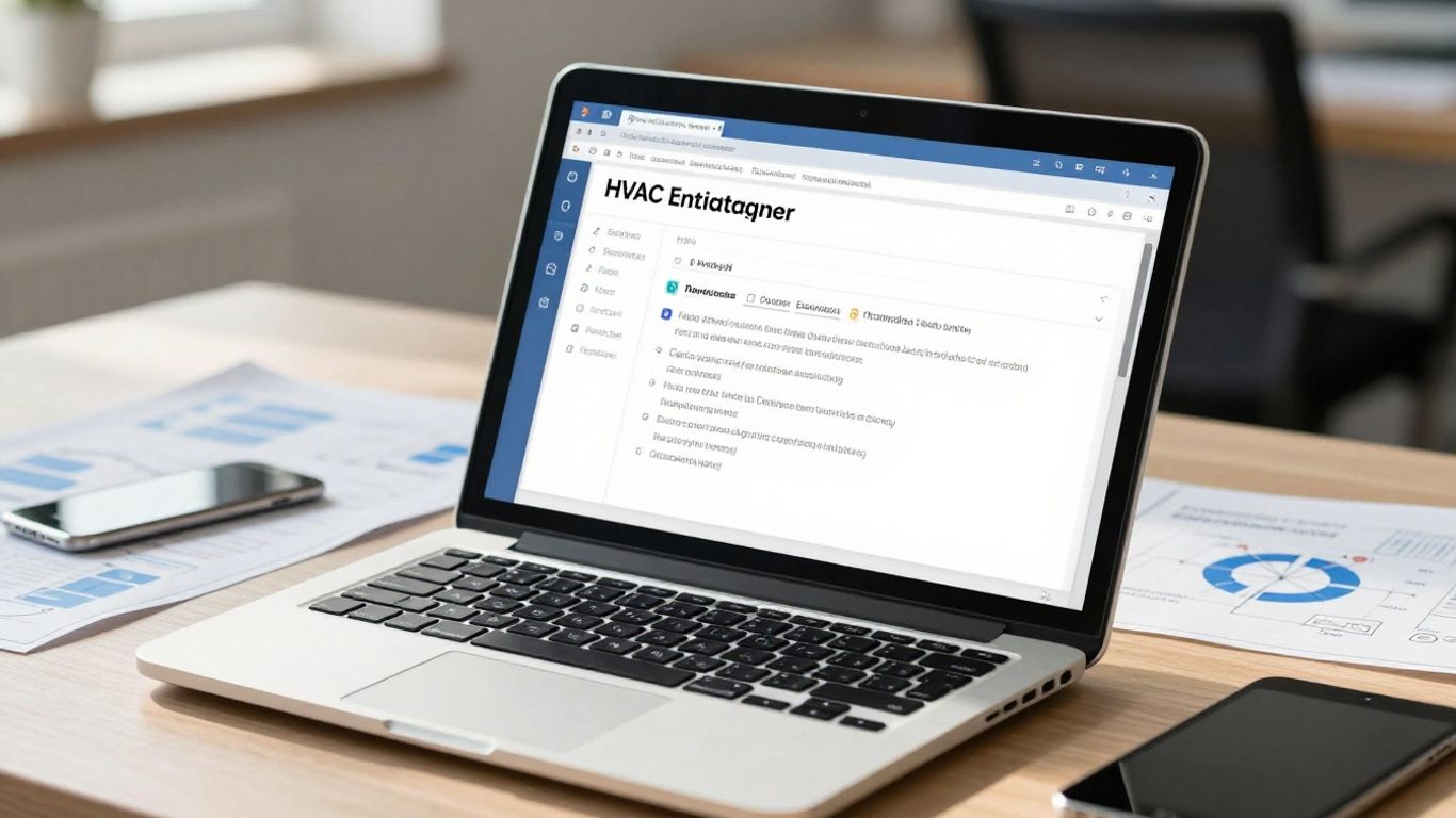 HVAC estimating software interface on a laptop.