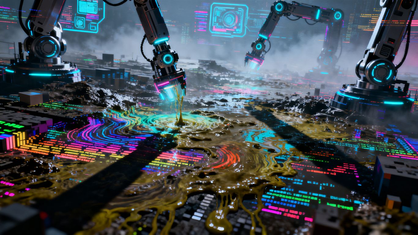 Robotic arms and AI interfaces amidst dissolving code.