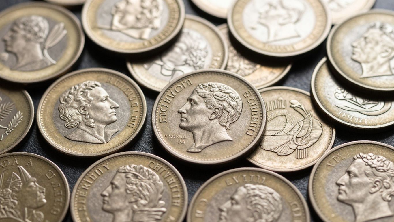 Collection of denomination coins with detailed designs and textures.