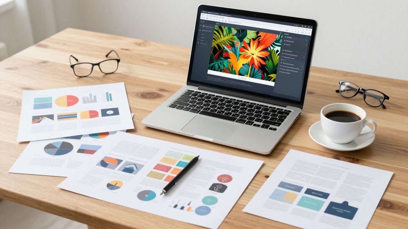 Laptop showing a colorful flipbook with PDFs nearby