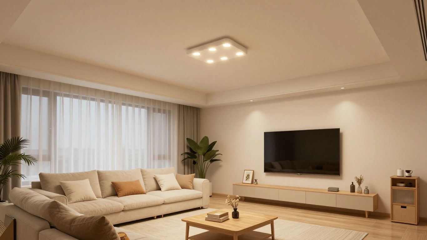 Low ceiling living room with modern flush-mount lighting.