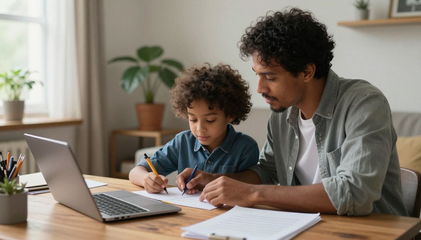 A warm, realistic, and diverse scene featuring a parent and child working side by side in a cozy home office, emphasizing intentionality, growth, and shared learning.
