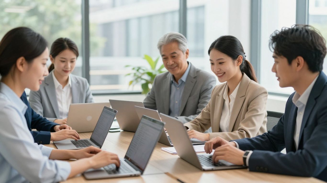 Team in office syncing data on digital devices.