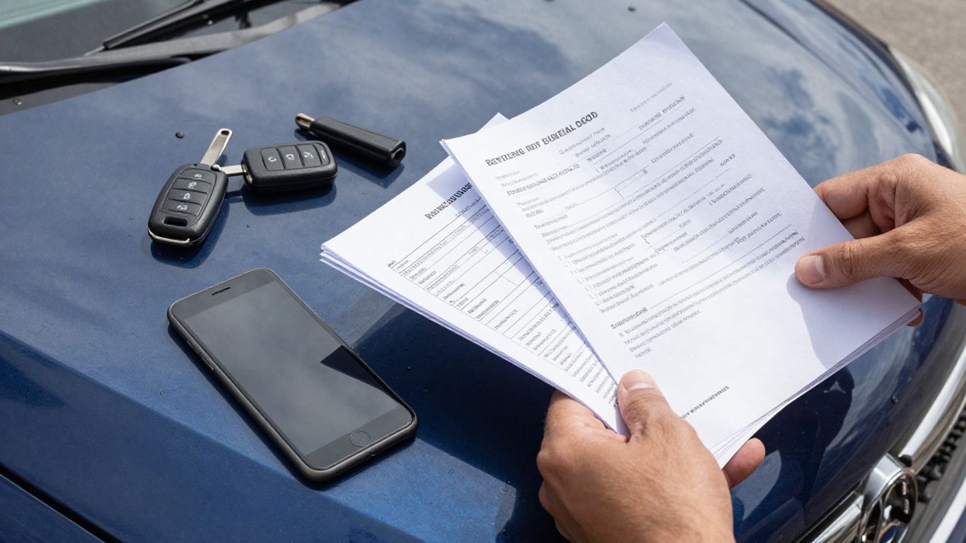 Fahrzeugunterlagen neben Autoschlüsseln auf Tisch