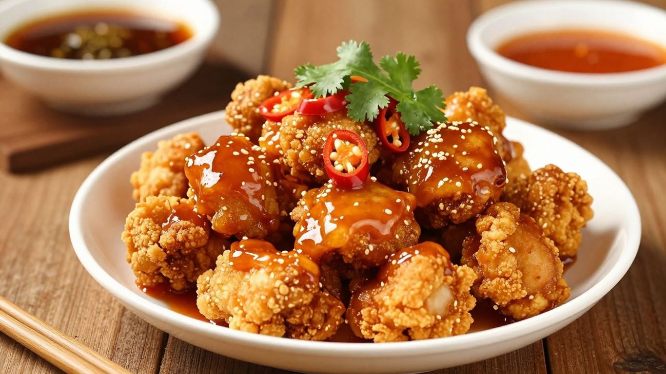 Glazed sweet chilli chicken with chili and cilantro garnish