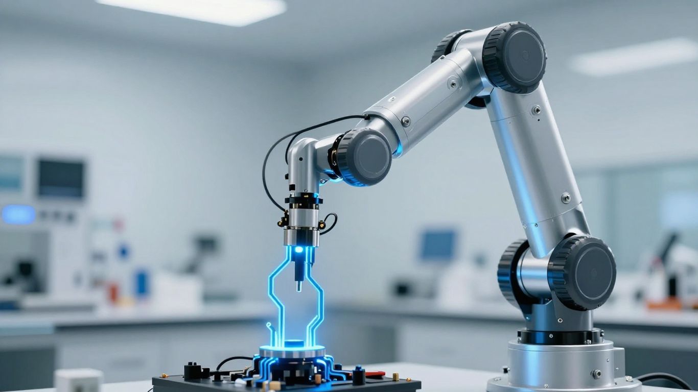 Robotic arm with glowing circuits interacting with objects.