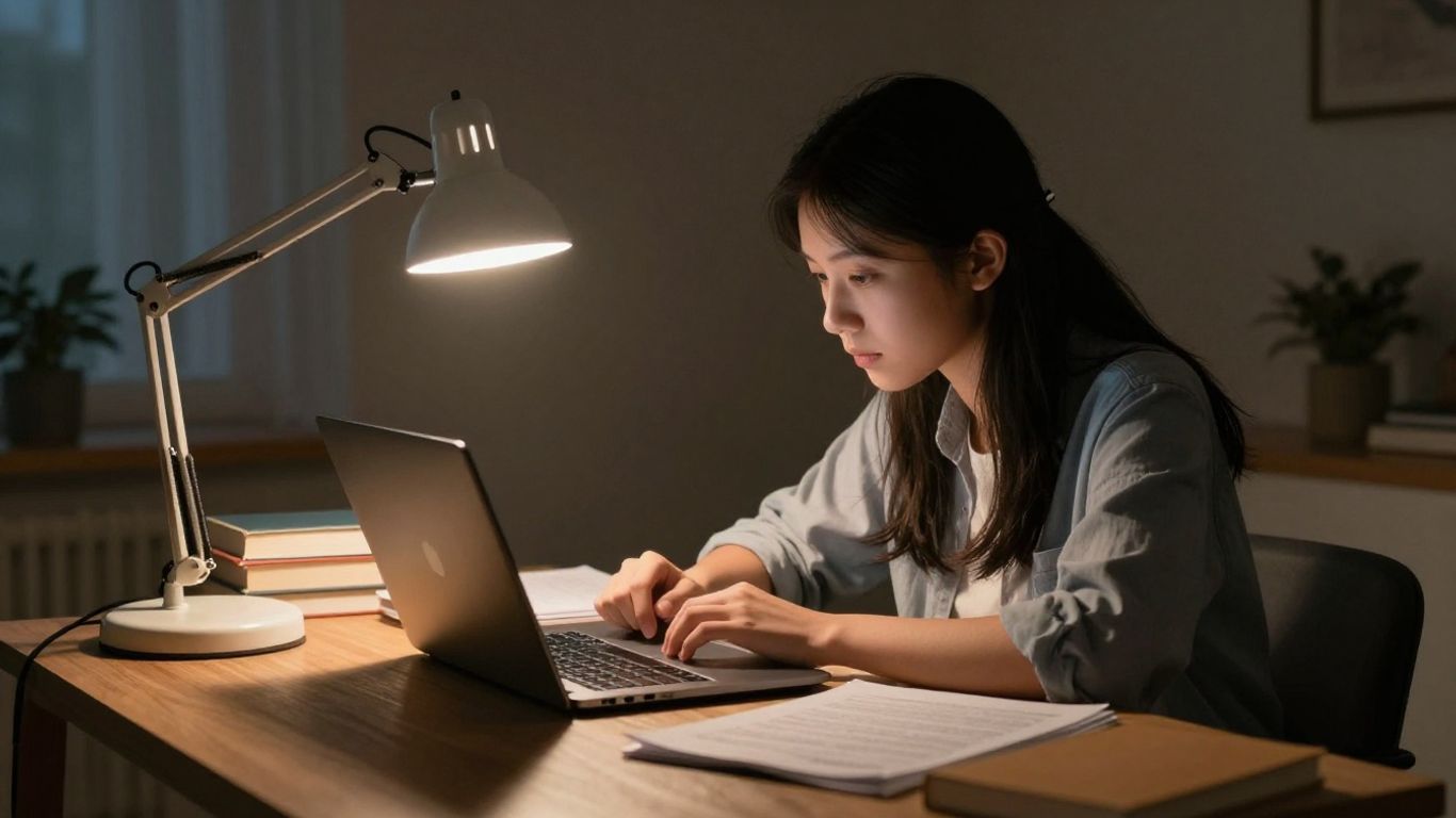 Student studying late at night with books and laptop.