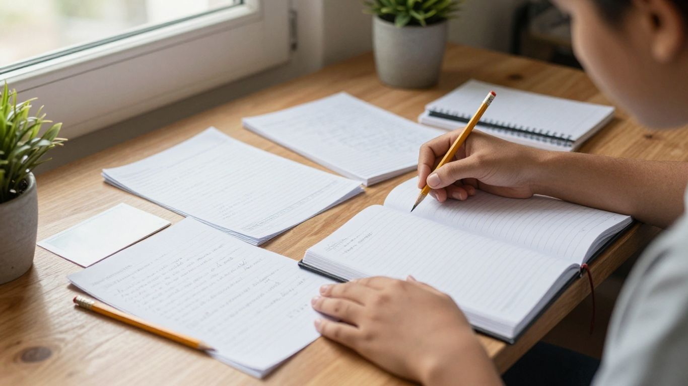 Estudiante organizando apuntes y tarjetas de estudio