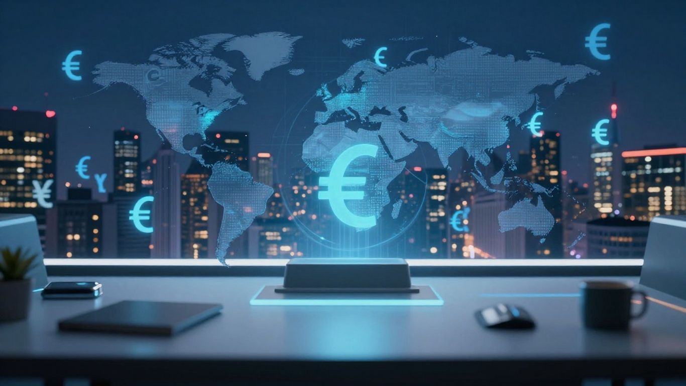 Global currency trading scene with cityscape and currency symbols.