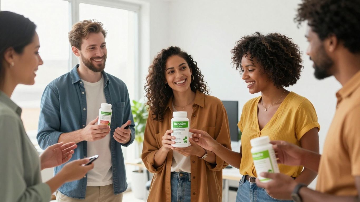 People smiling with Herbalife products, demonstrating business opportunity.