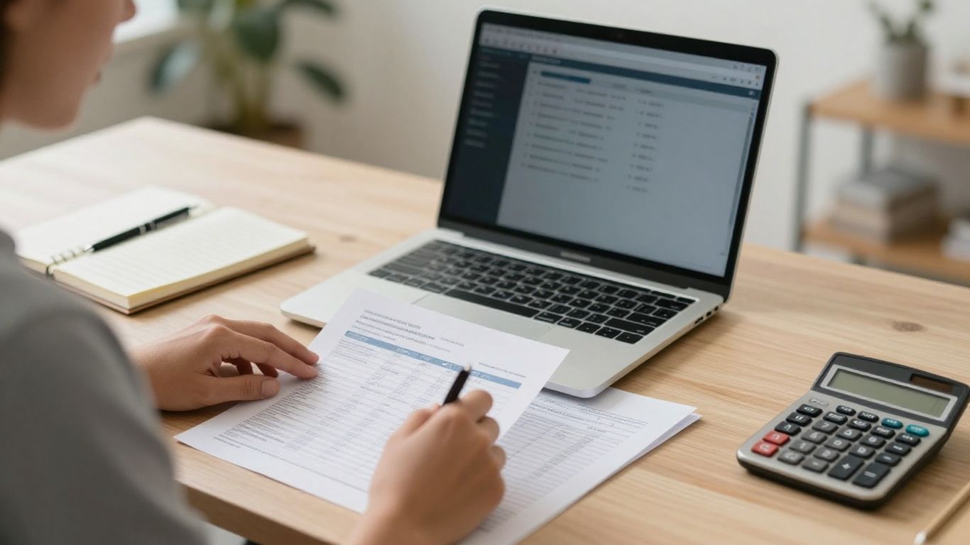 Small business owner reviewing bank transactions at a desk