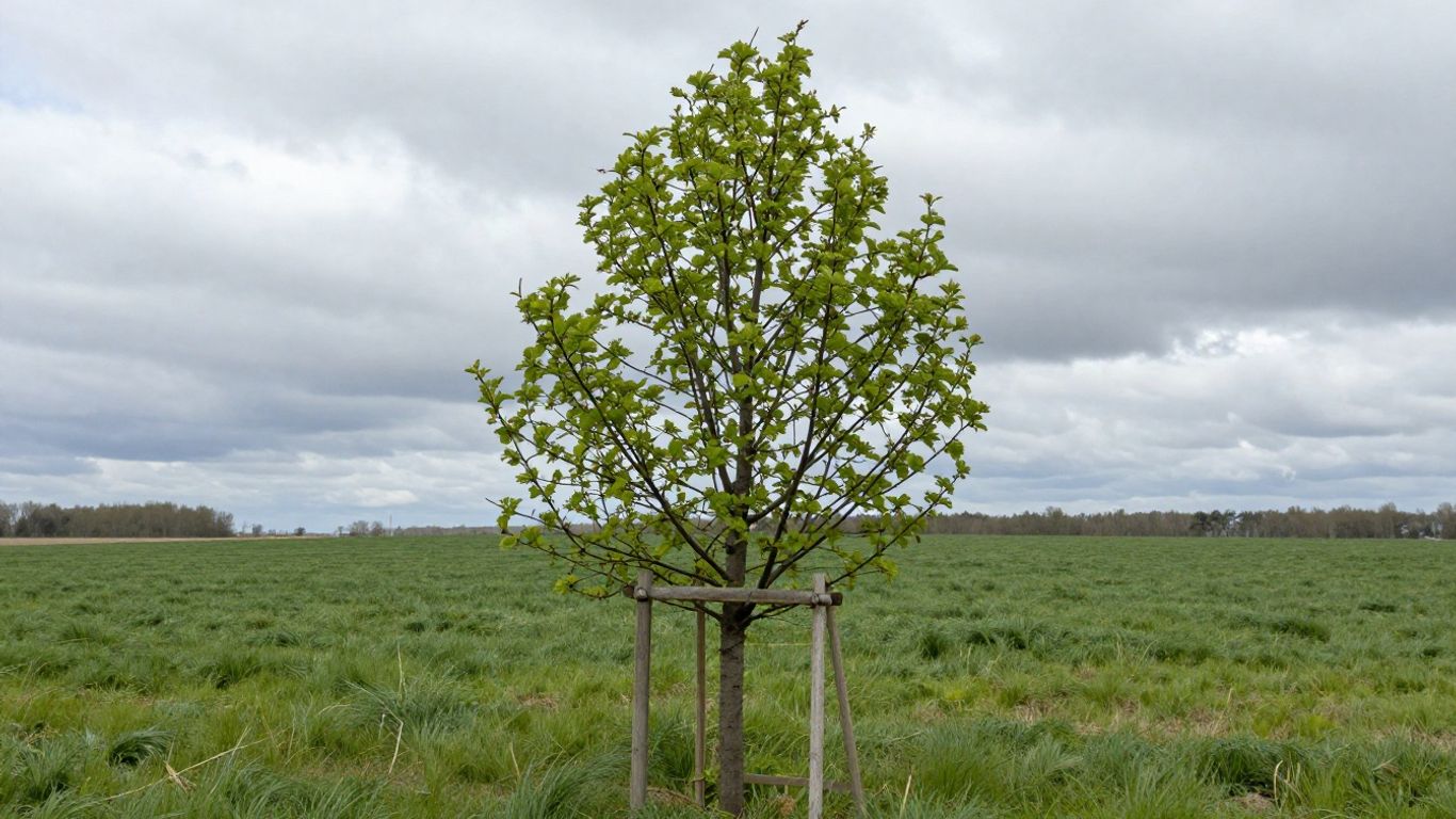 Young staked tree with wind and early spring landscape