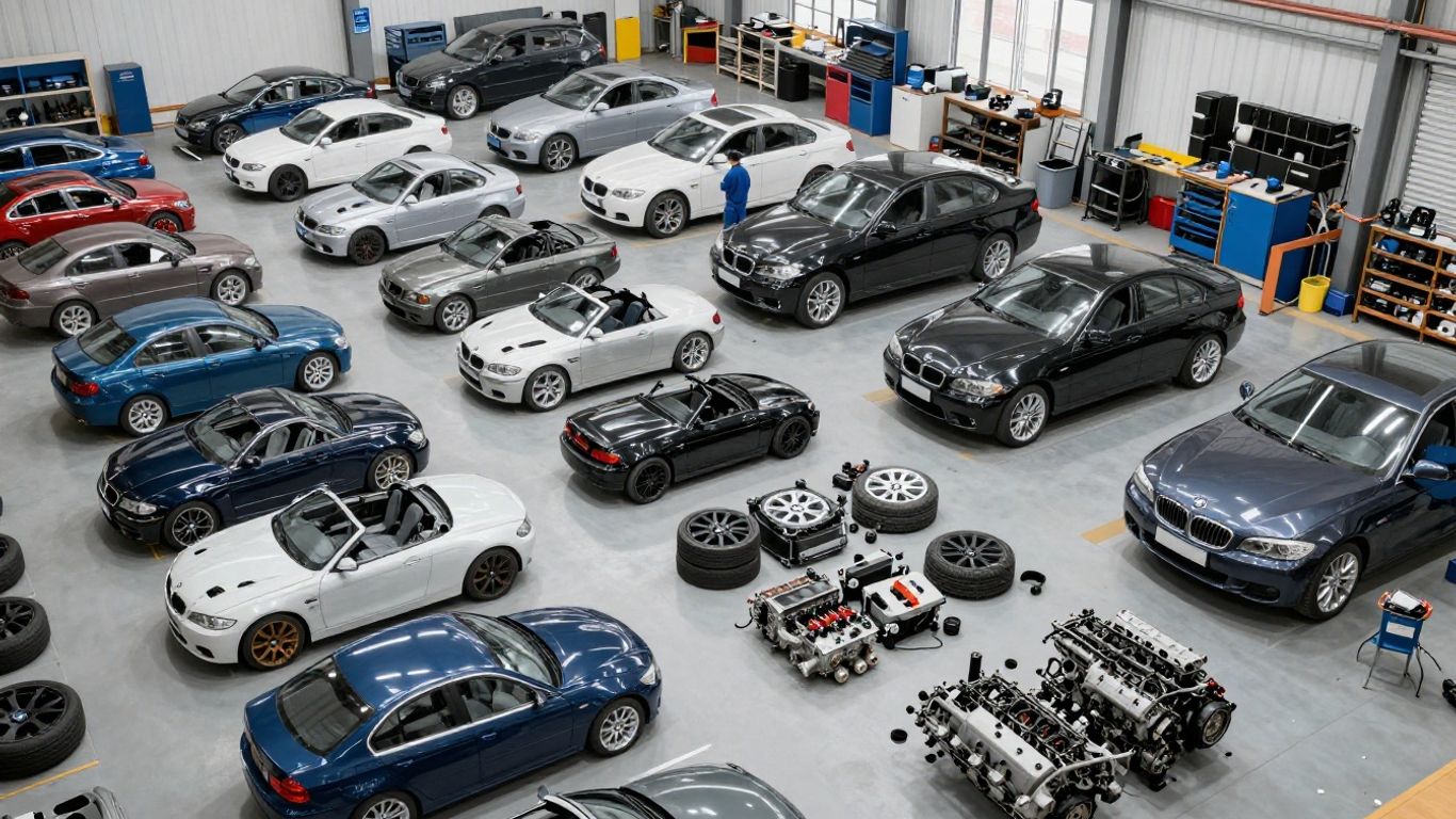 BMW parts organized in a professional dismantling yard
