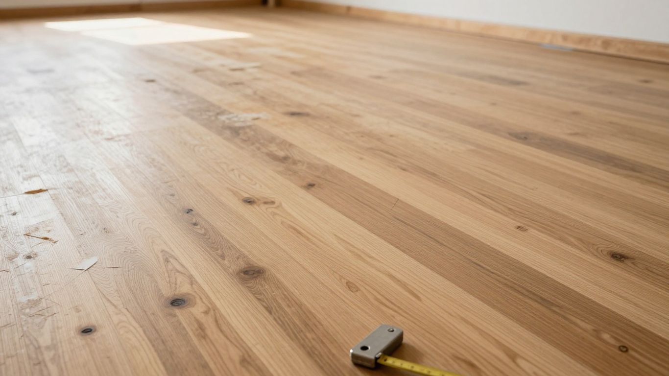 Worn timber sports hall floor being inspected
