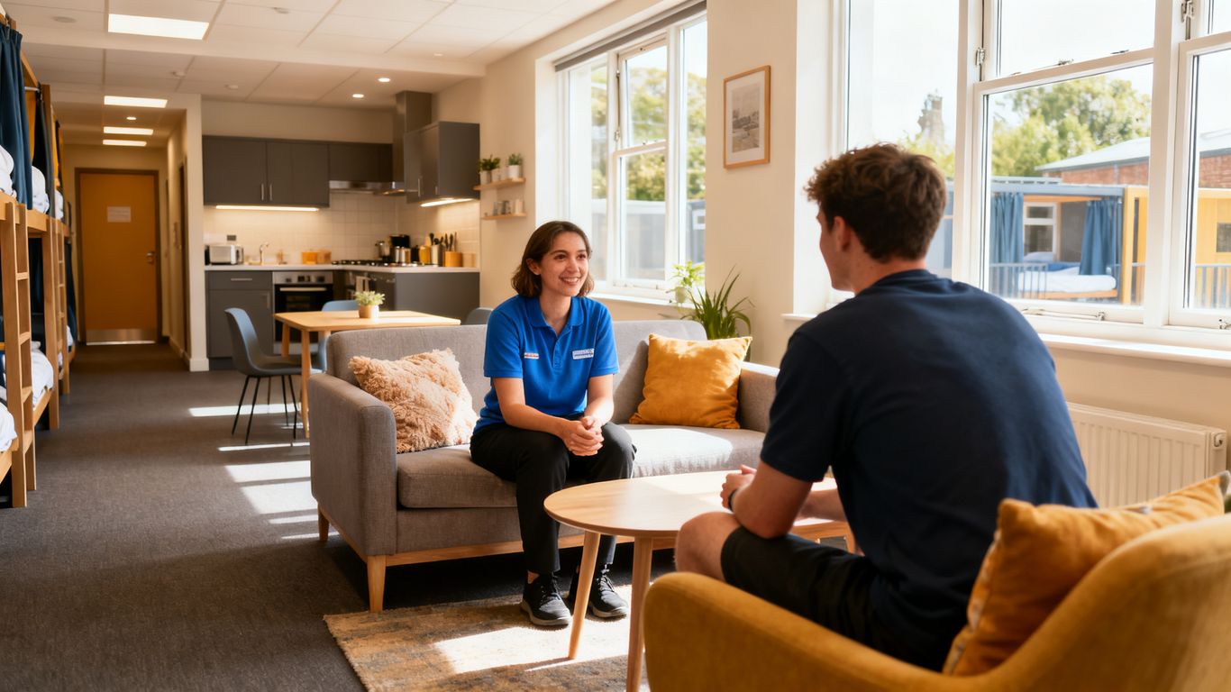 Support workers assisting residents within a hostel setting