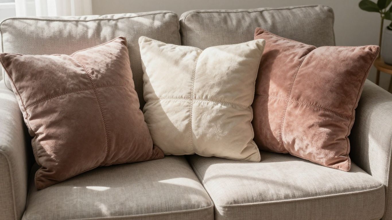 Various decorative pillow covers on a sofa.