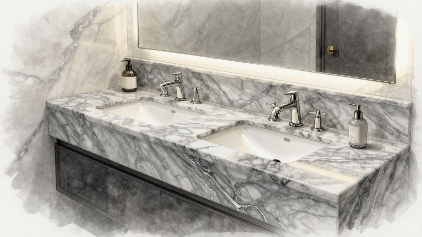 Silver Shadow marble vanity in a sketch-style bathroom.