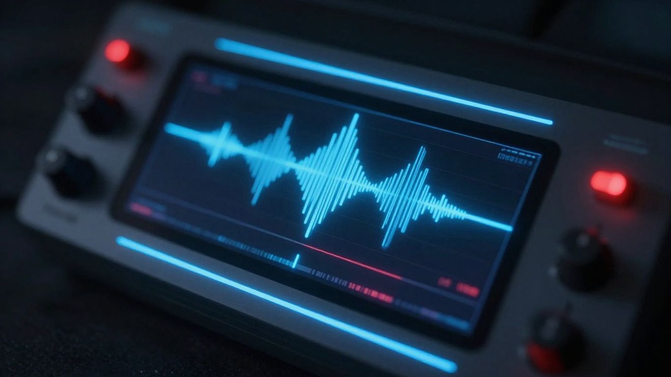 Futuristic audio plugin interface with glowing lights and sound waves.