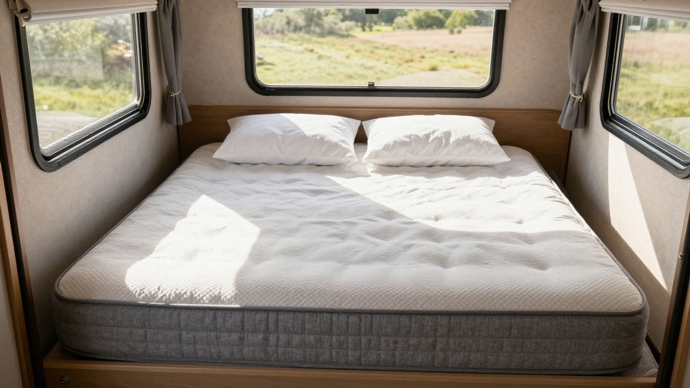 Custom caravan mattress on a bed inside a caravan.
