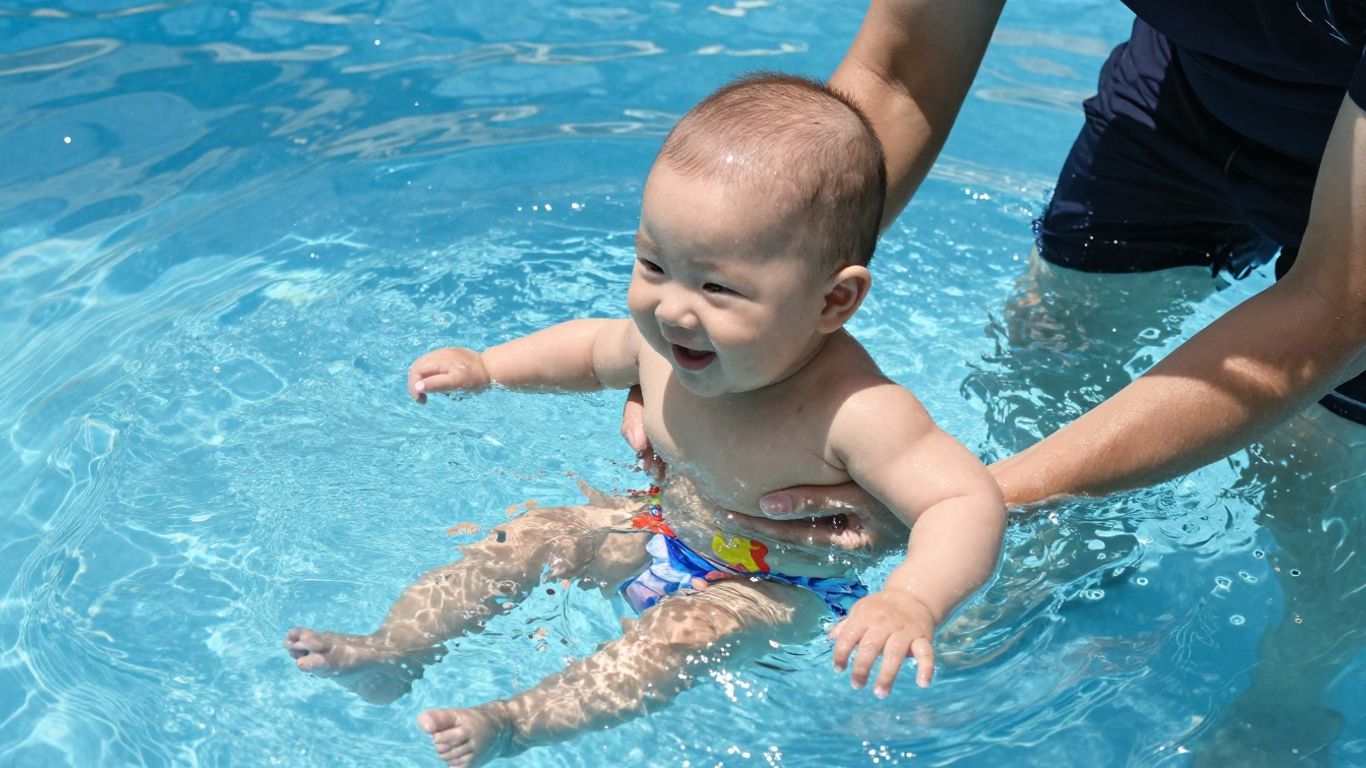 Bebé feliz en la piscina con flotador y supervisión.