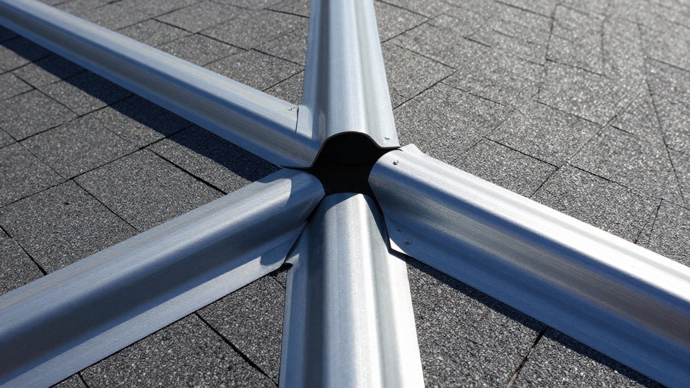 Roof valley intersection with shingles and flashing.